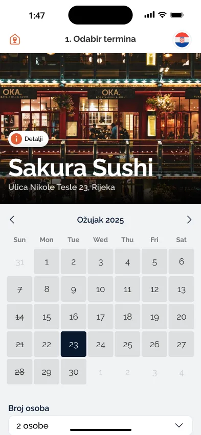 LogBook reservations app: picking a date and party size at a venue