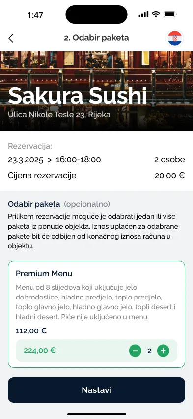 LogBook reservations app: booking a table with a prepaid menu package