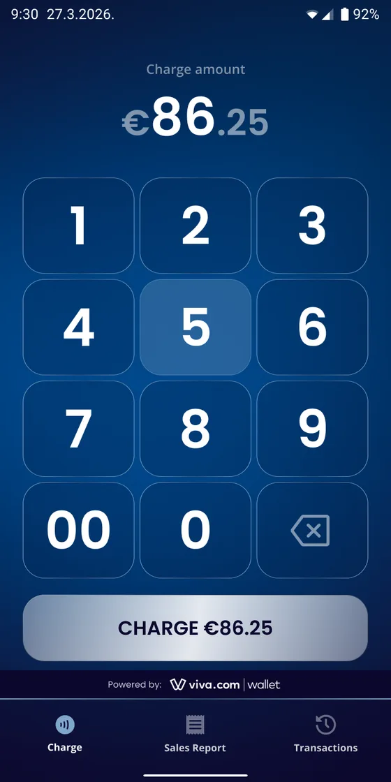 QckPay Cashier app charging €86.25 on a phone, powered by viva.com wallet