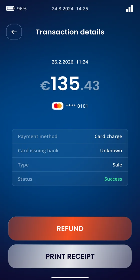 QckPay Cashier transaction details with refund and receipt printing