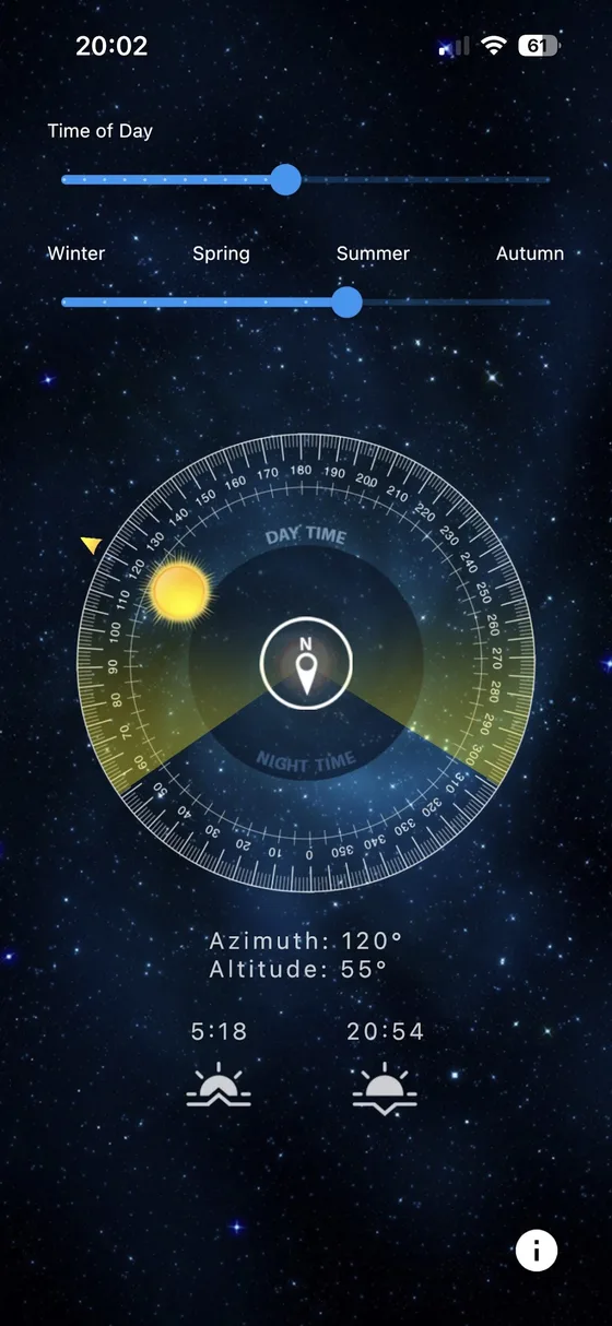 Sun Locator, time-of-day and season sliders